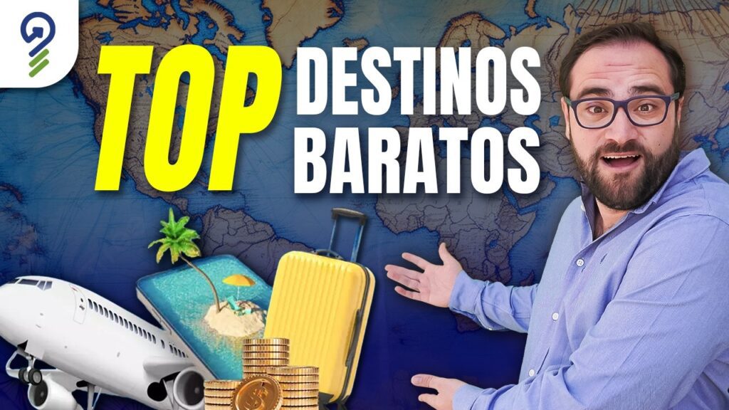 Thumbnail for a video about top cheap travel destinations, featuring bold yellow 'TOP' lettering, a man gesturing, a world map backdrop, airplane, suitcase, island image, and stacked coins.