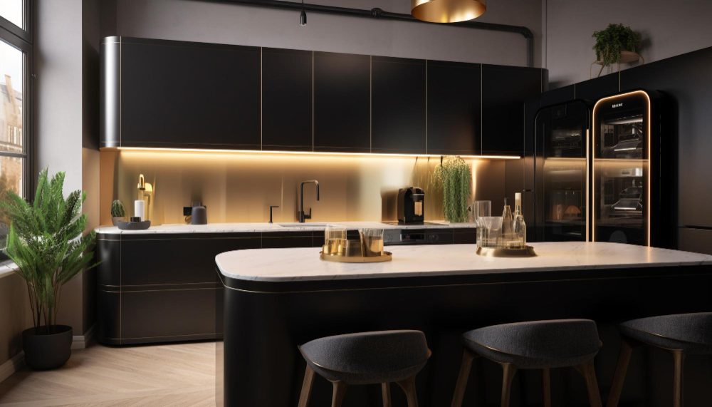 778091 - Decoración Azuval - Europa Love 24h Modern black kitchen with marble island, gold accents, under-cabinet lighting, and a glass-front refrigerator.