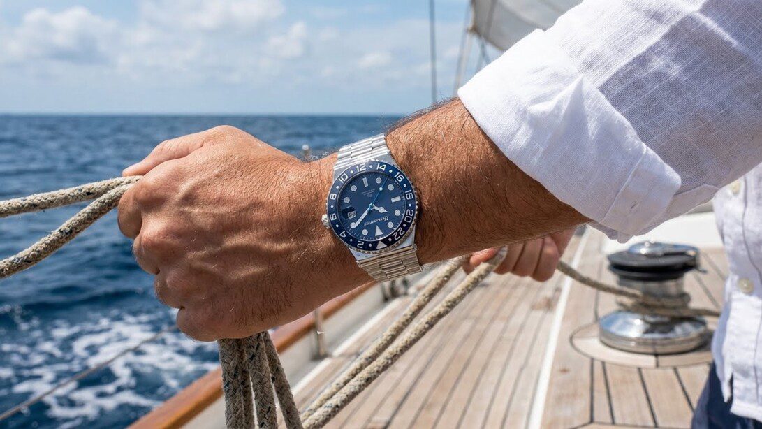 Aquamatic LIVE - IP - Europa Love 24h Close-up of a man's wrist wearing a silver sports watch with a blue bezel, gripping a rope on a sailboat deck with the ocean in the background.