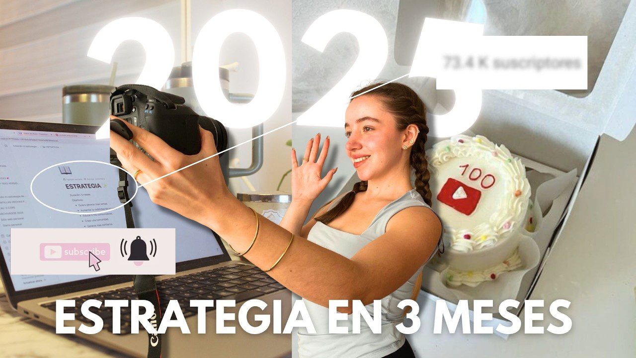 Thumbnail: woman filming with a camera at a desk, laptop open, celebratory cake in the background, and the text 'ESTRATEGIA EN 3 MESES'