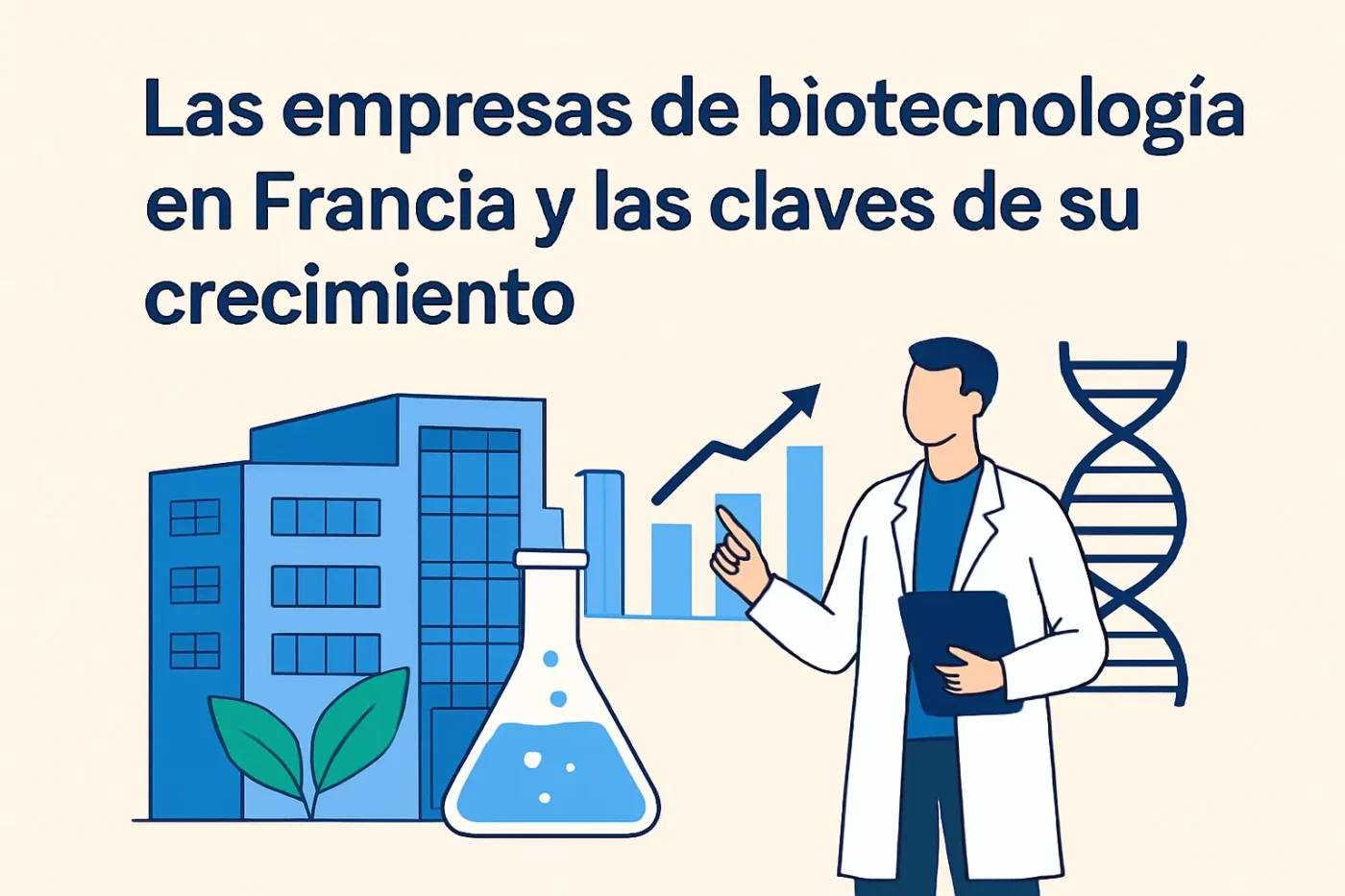 Biotech scientist explains growth trends with a DNA helix, building, flask, and rising chart in a pale background (Spanish title about biotech firms in France).