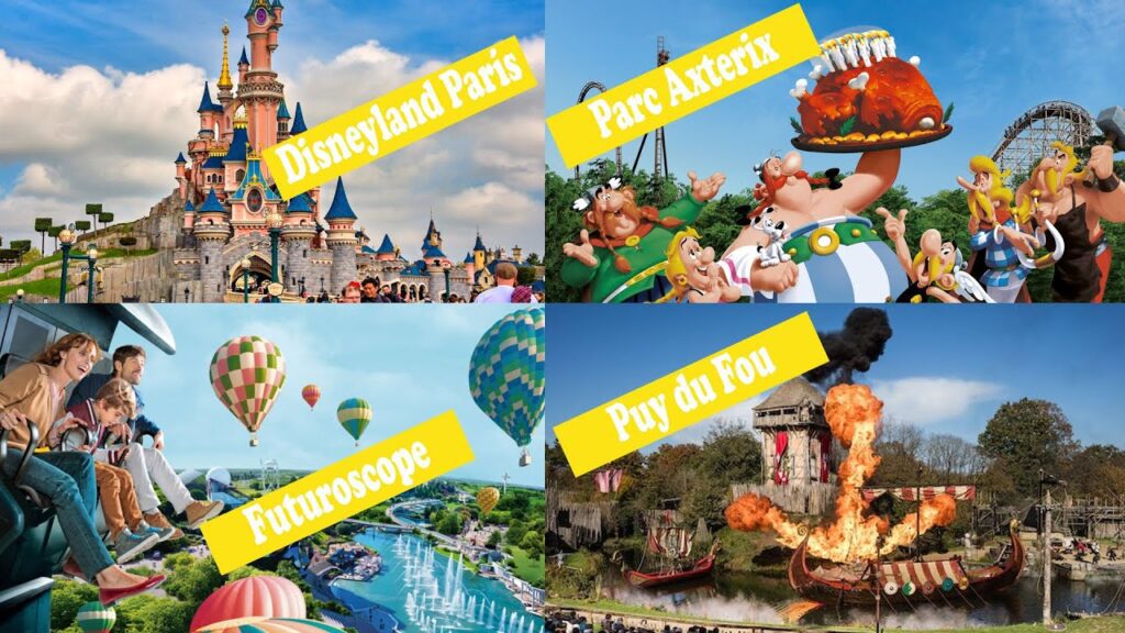 Collage of four European theme parks: Disneyland Paris, Parc Astérix, Futuroscope, and Puy du Fou with yellow name banners across each image.