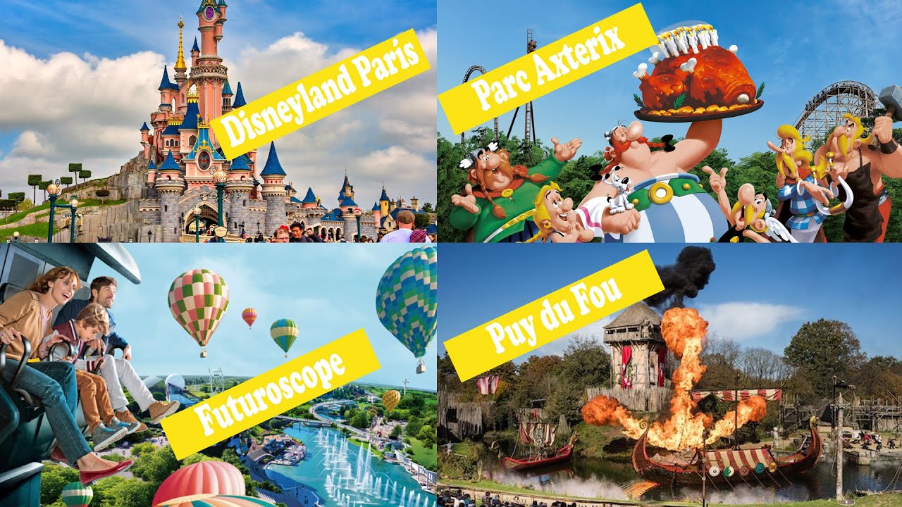 Collage of four European theme parks: Disneyland Paris, Parc Astérix, Futuroscope, and Puy du Fou with yellow name banners across each image.