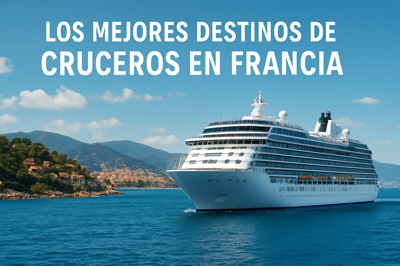 Los-mejores-destinos-de-cruceros-en-Francia - Europa Love 24h Informational banner showing a large white cruise ship on blue sea with a coastal town and hills; Spanish headline reads 'Los mejores destinos de cruceros en Francia'.