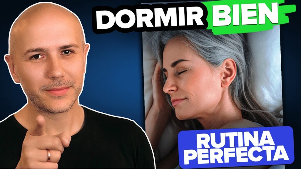 Hombre señalando a la cámara junto a una foto de una mujer durmiendo; titulares 'DORMIR BIEN' en verde y 'RUTINA PERFECTA' en azul.