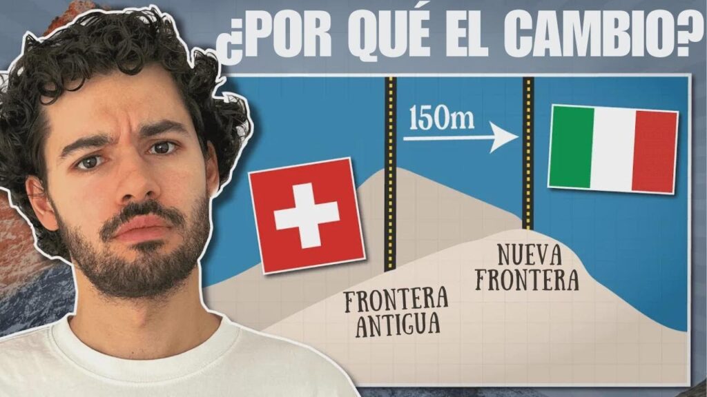 Thumbnail: a man on the left with a puzzled expression beside a diagram showing an old Swiss border (Frontera Antigua) changing to a new border (Nueva Frontera) across a 150 m gap, with Swiss and Italian flags and the caption ¿Por qué el cambio?