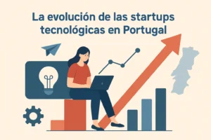 Ilustración: mujer con portátil junto a gráficos de crecimiento y un mapa de Portugal, sobre startups tecnológicas en Portugal.