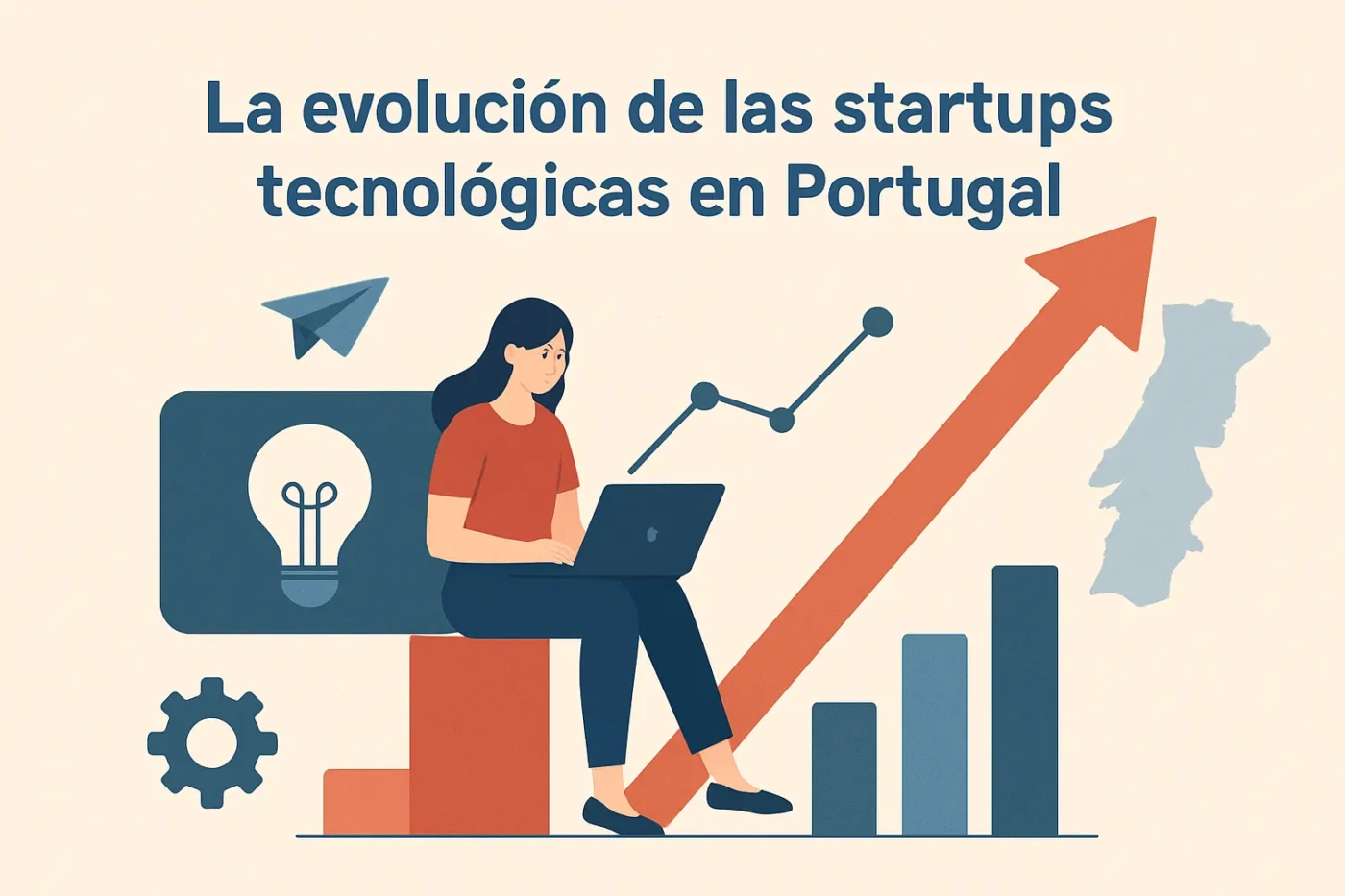Ilustración: mujer con portátil junto a gráficos de crecimiento y un mapa de Portugal, sobre startups tecnológicas en Portugal.