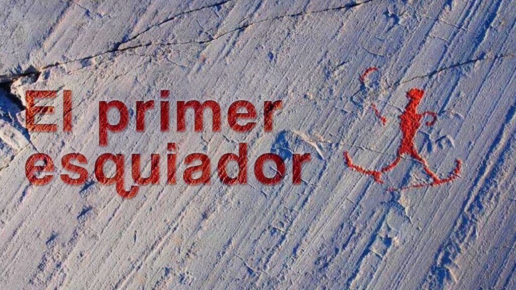 Red title 'El primer esquiador' on snowy texture with a red chalk-drawn skier silhouette to the right.