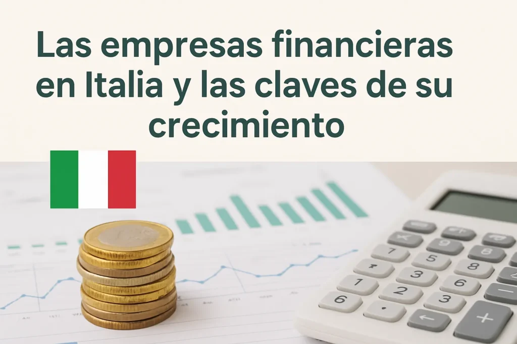Overview of Italian financial firms and their growth, shown with coins, charts, and a calculator.