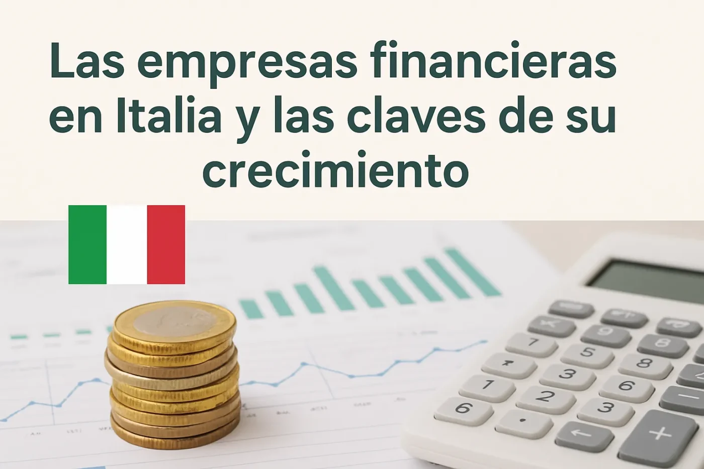 Overview of Italian financial firms and their growth, shown with coins, charts, and a calculator.
