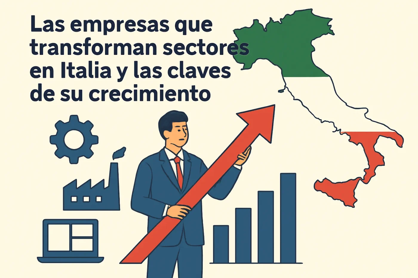 Las-empresas-que-transforman-sectores-en-Italia-y-las-claves-de-su-crecimiento - Europa Love 24h Título en español: 'Las empresas que transforman sectores en Italia y las claves de su crecimiento' con ilustraciones de un empresario, flecha ascendente y gráficos junto a un mapa de Italia.