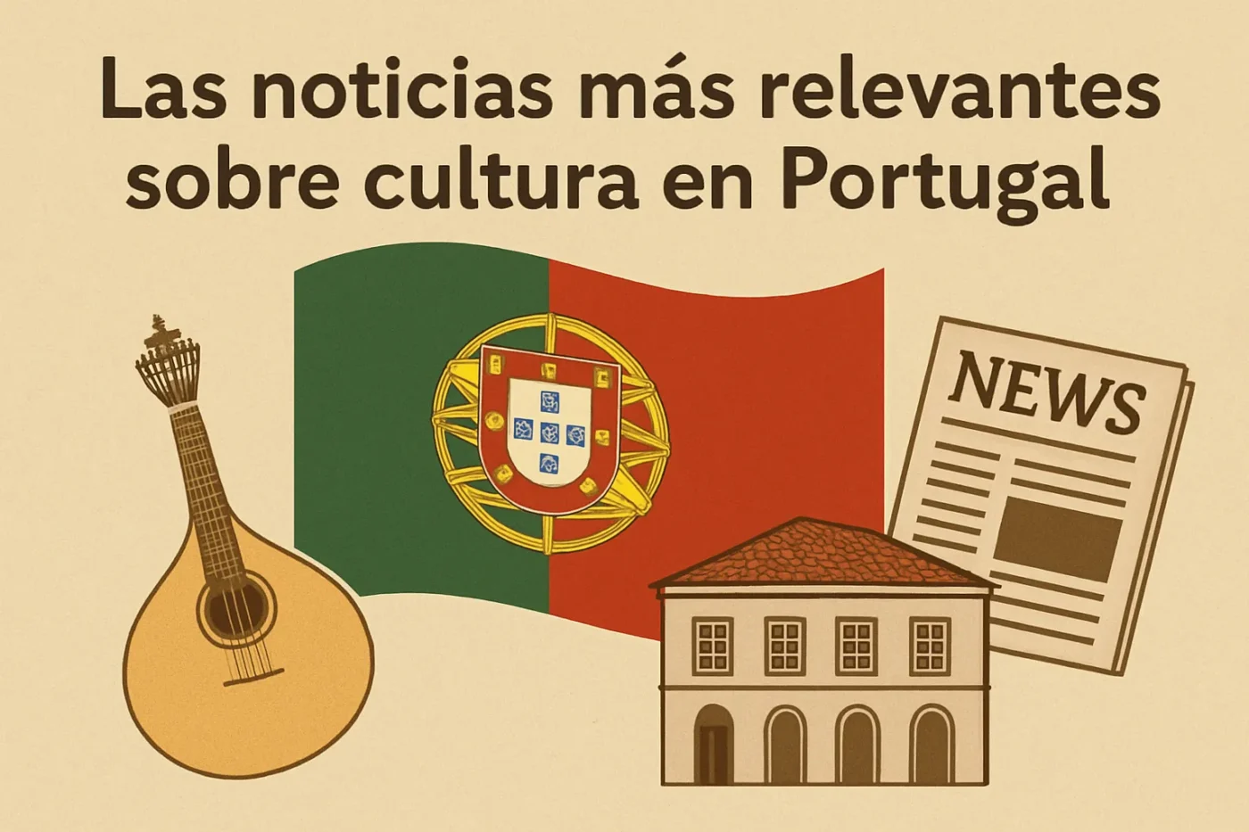 Las-noticias-mas-relevantes-sobre-cultura-en-Portugal - Europa Love 24h Poster-style illustration announcing cultural news in Portugal, with guitar, Portuguese flag, a newspaper, and a building icon.