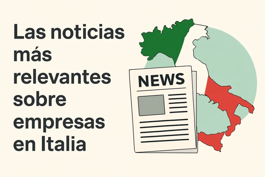 Spanish banner: 'Las noticias más relevantes sobre empresas en Italia' beside a newspaper over Italy map.