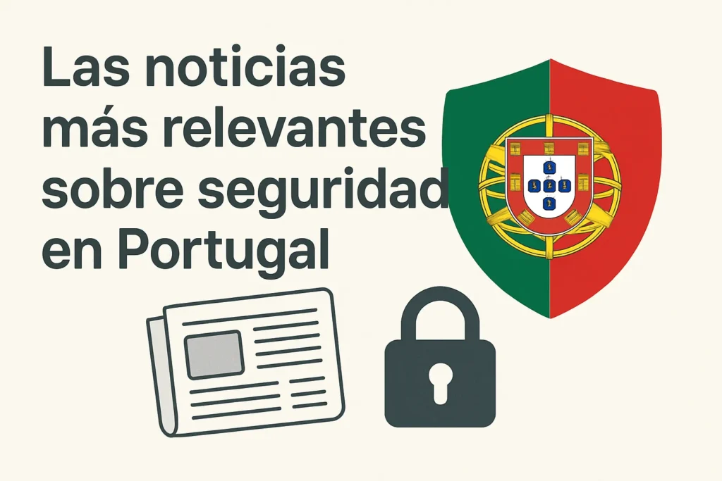 Titular en español: Las noticias más relevantes sobre seguridad en Portugal, con un periódico y un candado junto al escudo de Portugal en el borde derechoe.
