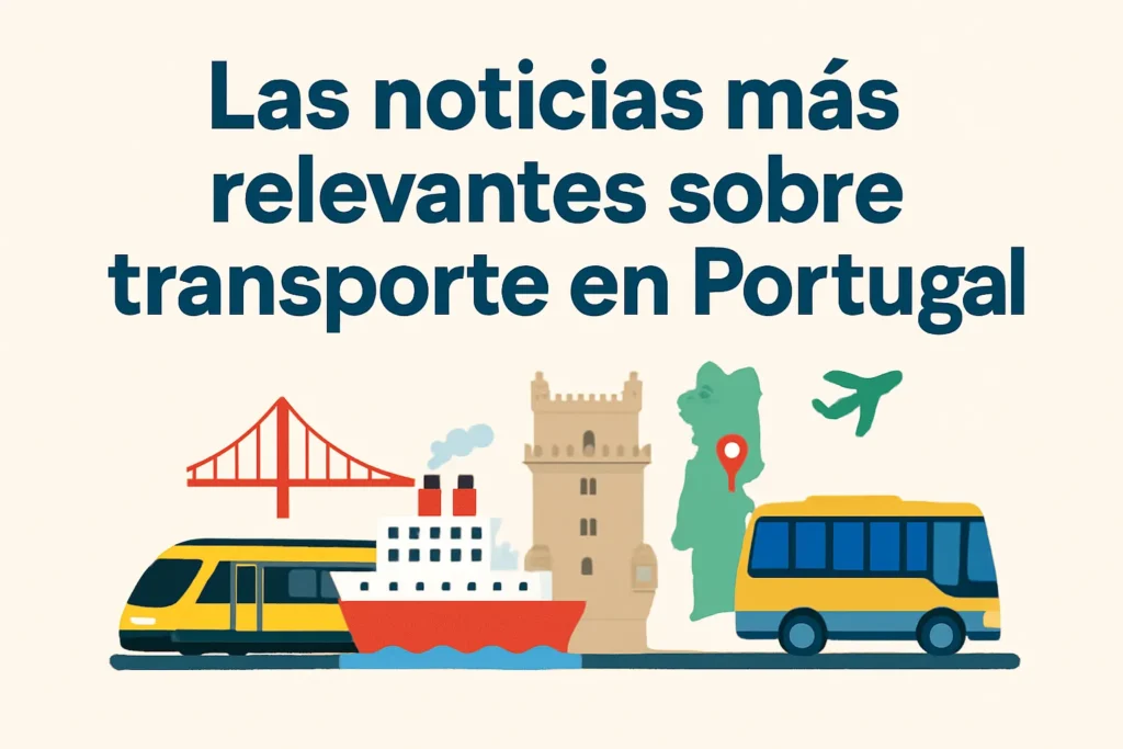 Spanish title 'Las noticias más relevantes sobre transporte en Portugal' with illustrations of a bus, train, ship, bridge and landmark