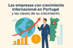 Businessman beside a globe, rising arrow, bar chart, coin, and Portugal map illustrating international growth in Portugal.