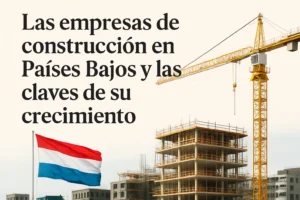 Texto en portada: empresas de construcción en Países Bajos y claves de su crecimiento, con grúa y edificio en construcción junto a la bandera holandesa.
