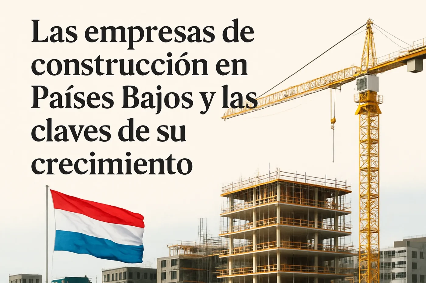 Texto en portada: empresas de construcción en Países Bajos y claves de su crecimiento, con grúa y edificio en construcción junto a la bandera holandesa.