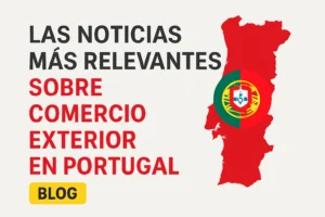 Promotional banner: Spanish text about key news on foreign trade in Portugal, with a red map of Portugal and a yellow BLOG badge.