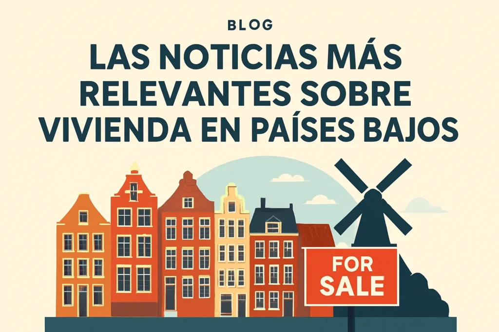 Blog header: 'LAS NOTICIAS MÁS RELEVANTES SOBRE VIVIENDA EN PAÍSES BAJOS' with illustrated Dutch houses and a windmill near a 'FOR SALE' sign.